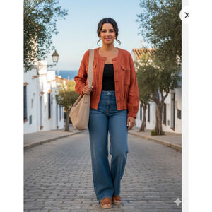 Womens Utility Bomber linen blend terracotta transitional Jacket Shacket XXL